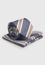 Blue and Merlot Striped Silk Blend Tie and Hanky Set