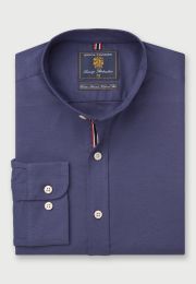 Regular Fit Dark Blue Stretch Cotton Oxford Grandad Collar Shirt