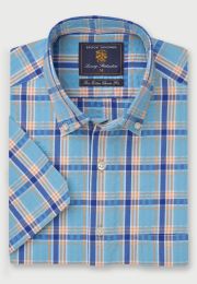 Regular Fit Turquoise Check Seersucker Short Sleeve Cotton Shirt