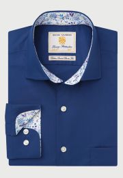 Regular and Tailored Fit Navy Herringbone Cotton Stretch Shirt