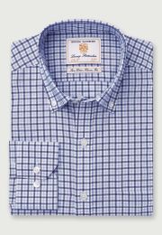 Regular and Tailored Fit Navy and Sky Blue  Check Stretch Cotton Oxford Shirt