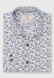 Tailored Fit White Bird Print Cotton Shirt 