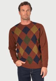 Rievaulx Rust with Navy, Forest and Moss Diamonds 7 Gauge Intarsia Crew Neck Sweater