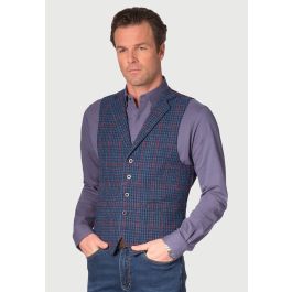 Perth Navy Houndstooth with Wine Overcheck Harris Tweed® Vest