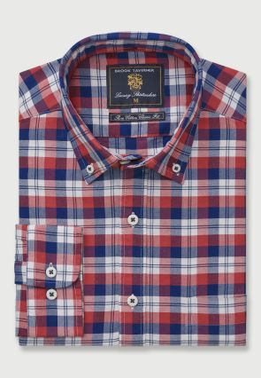 Red, Blue and White Check Washed Cotton Oxford Shirt