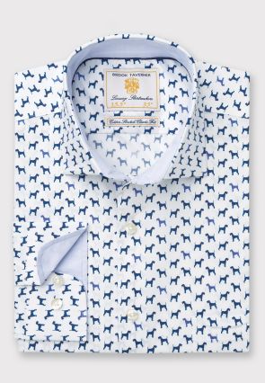 Regular and Tailored Fit Navy Terrier Print Cotton Stretch Shirt