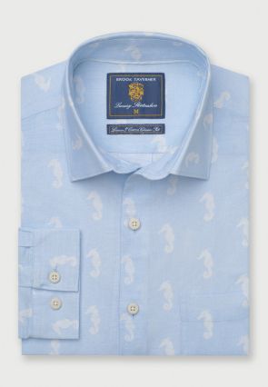 Regular and Tailored Fit Blue with Seahorses Print Linen Cotton Shirt