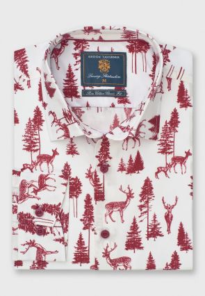 Regular Fit Wine Woodland Print Cotton Shirt