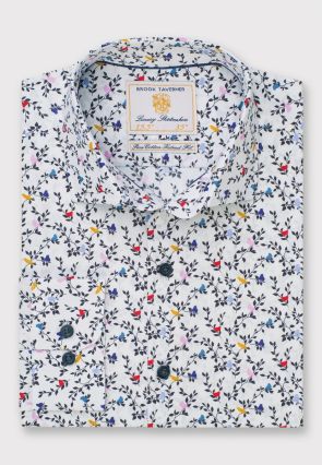 Tailored Fit White Bird Print Cotton Shirt 