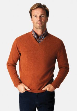 Burnt Orange Cashmere V-Neck Sweater