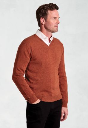 Burnt Orange Cashmere V-Neck Sweater