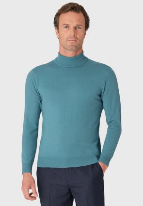 Cornwall Aqua Cotton Merino Roll Neck Sweater