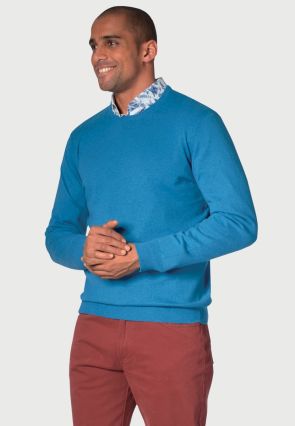 Devon Sea Blue Cotton Merino Crew Neck Sweater