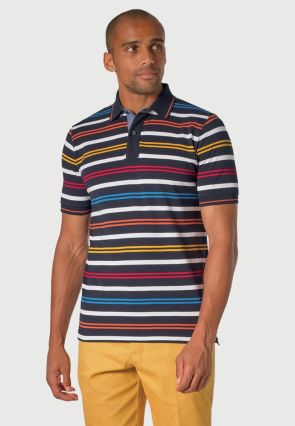 Sandham Pure Cotton Navy Stripe Pique Polo Shirt