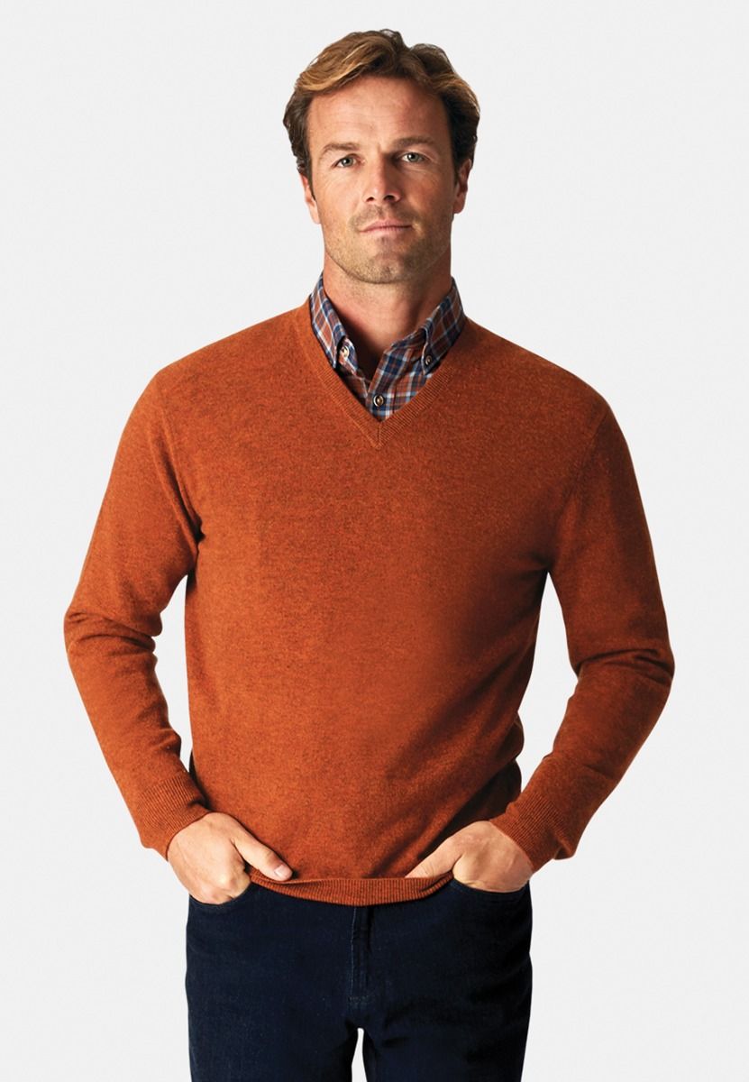 Burnt Orange Cashmere V-Neck Sweater