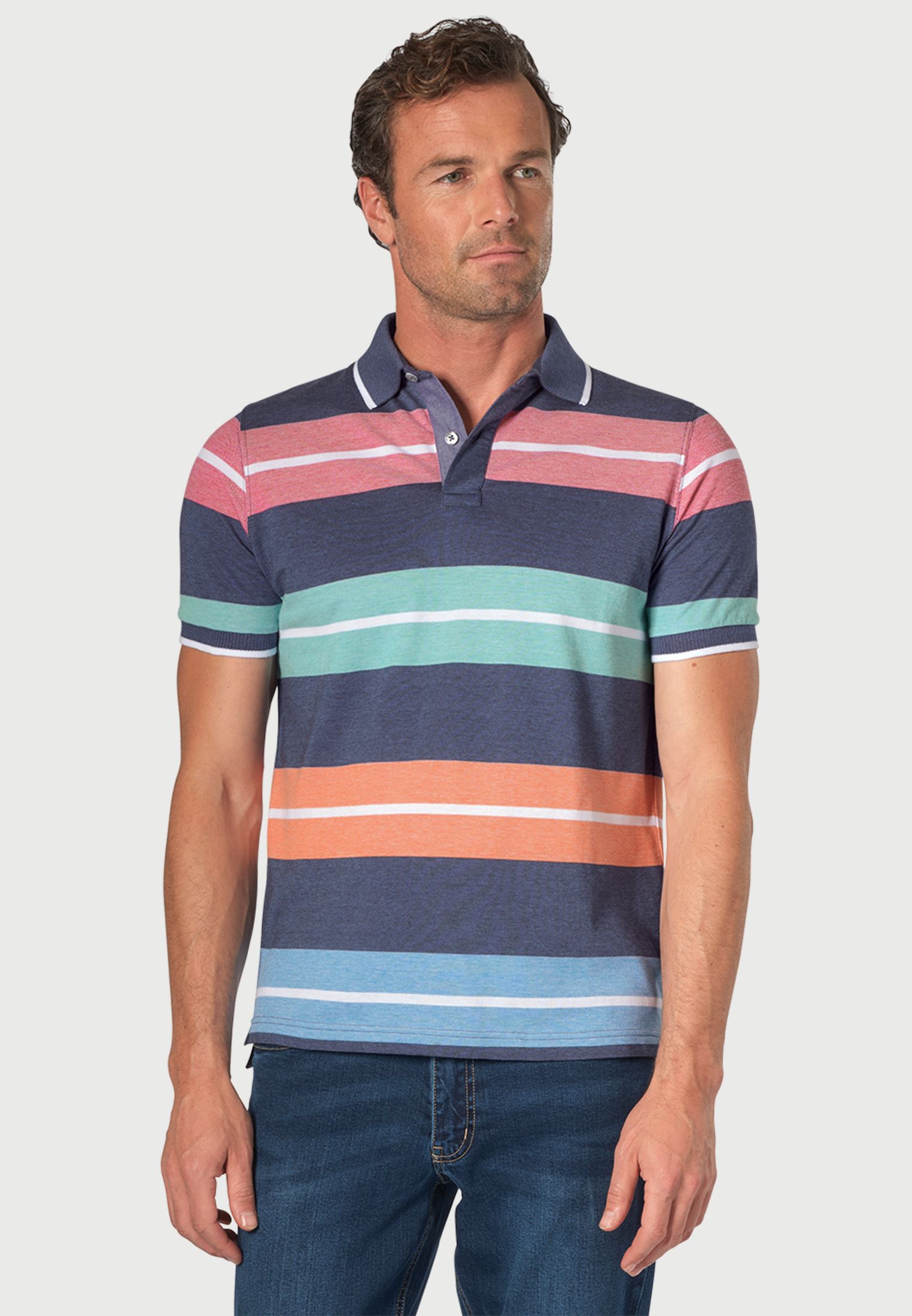 Devizes Indigo with Coral, Aqua, Apricot and Sky Blue Broad Hoop Soft  Handle Piqué Polo Shirt