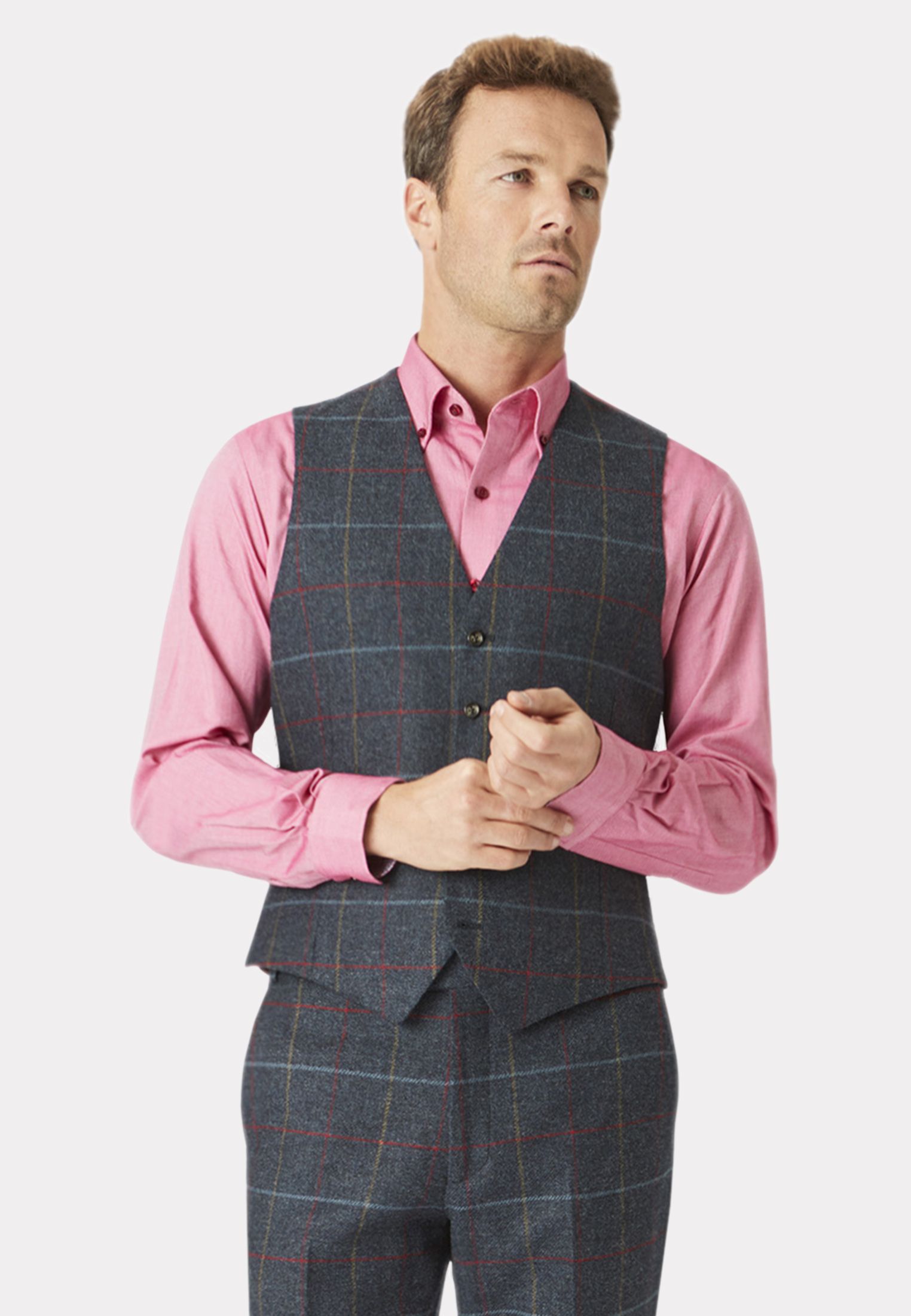 Haincliffe Blue with Red and Caramel Overcheck Tweed Vest