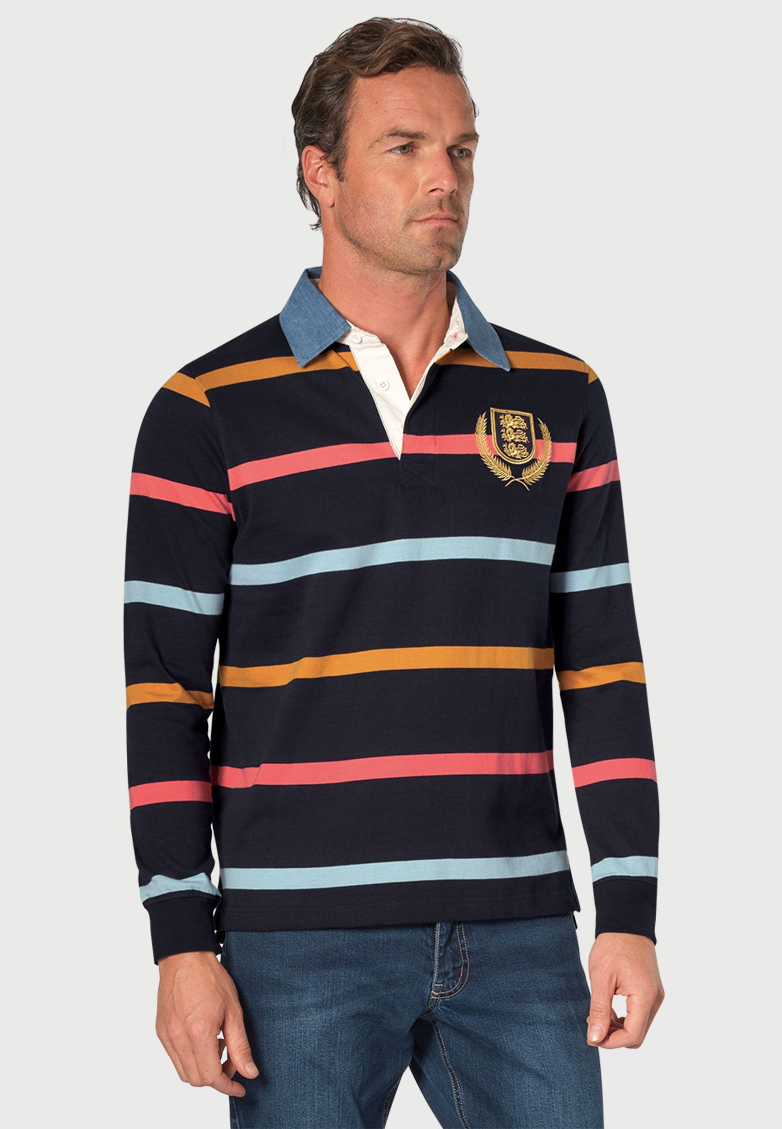 Parfitt Navy with Mustard, Coral and Sky Blue Seasonal Stripe Rugby Shirt