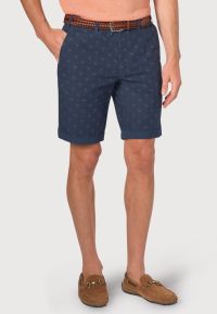 Barrington Stretch Cotton Mid Blue Flamingo Print Shorts