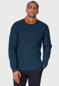 Lune Blue Lambswool Lattice Stitch Crew Neck Sweater