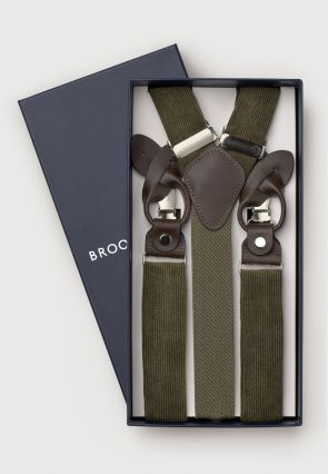 Khaki Corduroy Suspenders with Leather Trims
