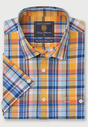 Regular Fit Apricot Madras Check Short Sleeve Cotton Shirt
