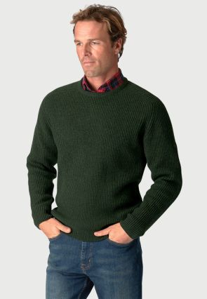 Pickering Forest Green Lambswool Guernsey Ribbed Crew Neck Sweater