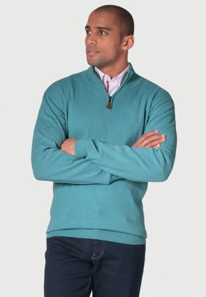 Sussex Aqua Cotton Merino Zip Neck Sweater